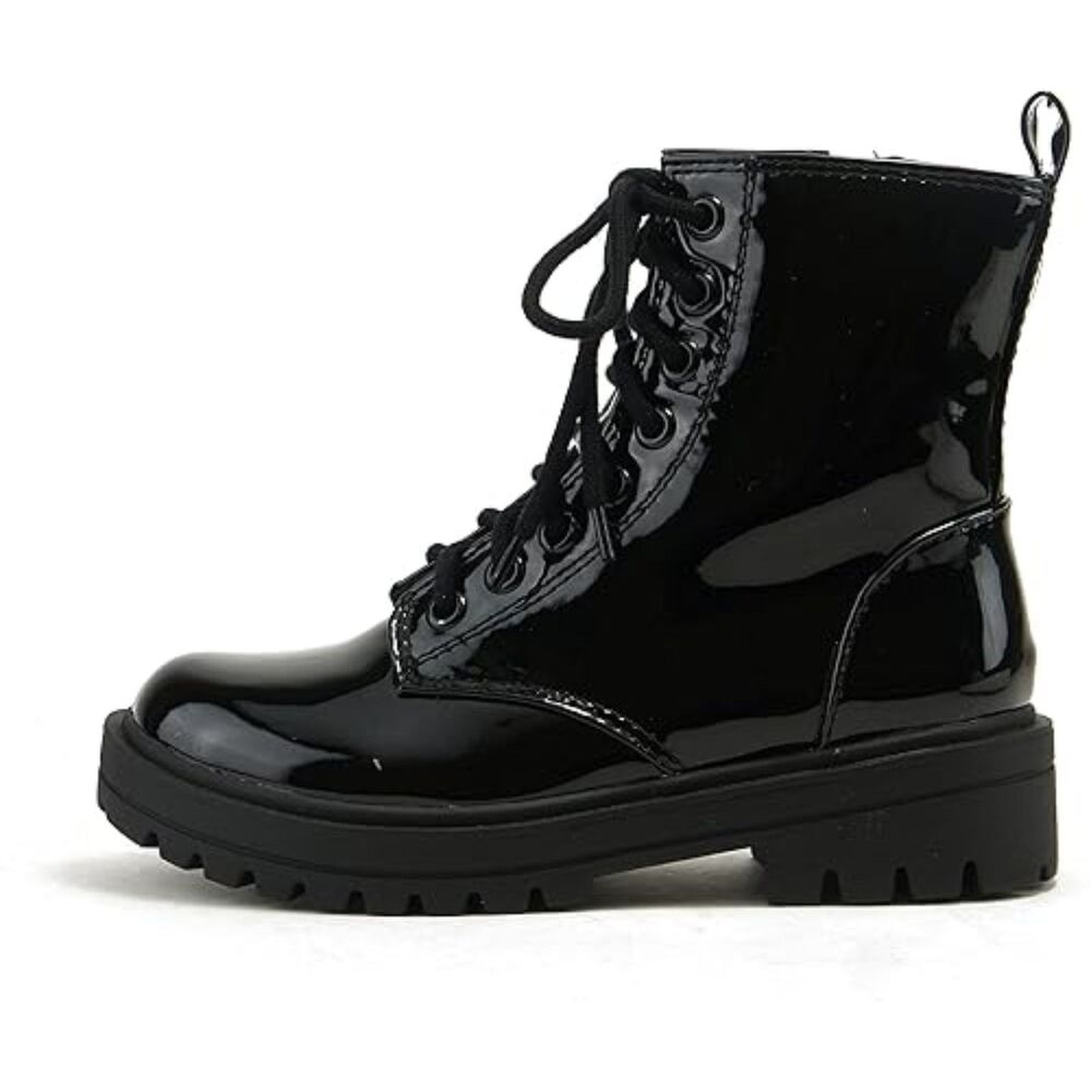 Women Black Patent Closed Toe Synthetic Rubber Sole Side Zipper Ankle Boots